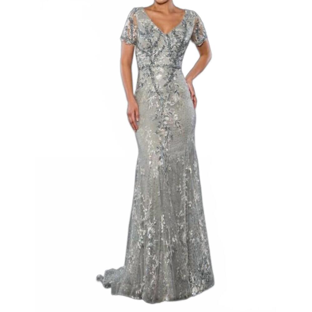 NEW STELLA COUTURE long formal beaded mother of the bride dress in silver